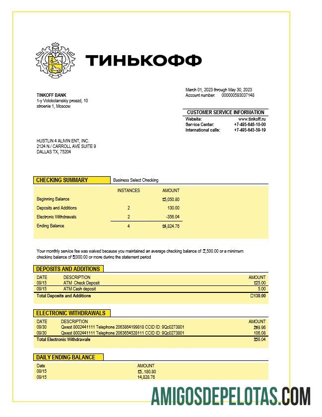 Baixável Tinkoff Bank Firm Statement modelo Word e PDF
